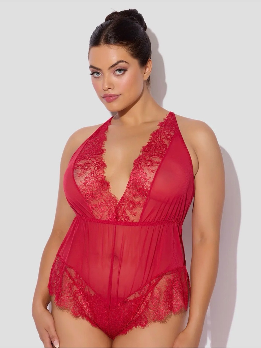Plus Size Vintage-Inspired Lace Plunge Teddy Bodysuit Lingerie | Red
